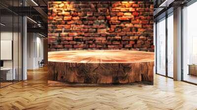 A close-up shot of a rustic wooden table with a worn, weathered surface. The table is situated against a backdrop of an old brick wall with warm, glowing lights Wall mural