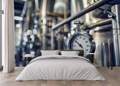 A close-up view of a temperature gauge mounted on a stainless steel pipe in a factory setting Wall mural