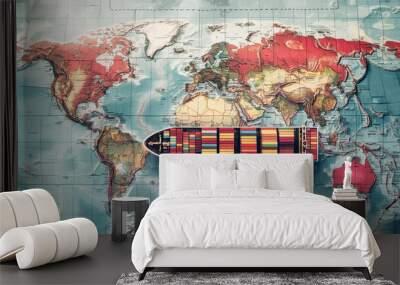 A container ship sailing on top of a map of the world, symbolizing global sea cargo transportation routes and international trade Wall mural