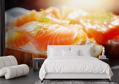 A delicious appetizer of fresh fish. Salmon or trout sandwich. Tender sandwich with fish bread and butter close-up. Wall mural