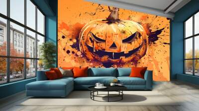 A detailed pumpkin adorned with grunge and paint splatter captures the essence of Halloween spirit, inviting festive fun and creativity for all Wall mural