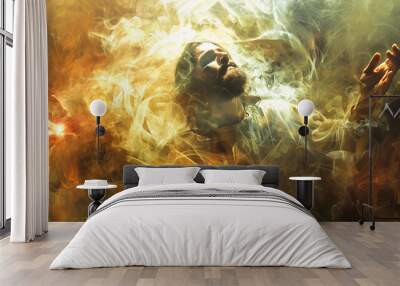 A digital artwork depicting Jesus Christ surrounded by a radiant glow of light and smoke Wall mural