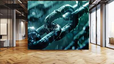 A digital chain intertwines with binary code, symbolizing the essence of blockchain technology and data security in a modern virtual landscape Wall mural