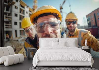 A group of cheerful construction workers in hard hats and safety glasses on a job site Wall mural