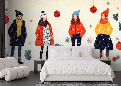 A group of fashionable individuals celebrates the holiday spirit in their chic winter attire surrounded by festive decor and gentle snowflakes Wall mural