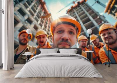 A group of funny and cheerful construction workers standing proudly in front of a newly completed building, showcasing their hard work and dedication Wall mural