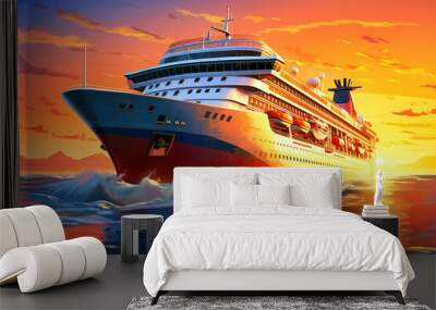 A huge cruise line travels across the sea. Sea travel vacation. Seascape overlooking a cruise liner. Passenger liner on the high seas. Tourist travel in the ocean. Wall mural