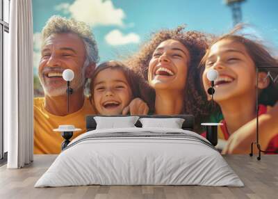 A joyful South American family celebrates together, sharing laughter and enthusiasm as they support their favorite soccer team at a vibrant match Wall mural