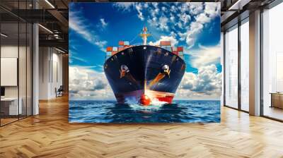 A large cargo ship loaded with containers floats on a vast body of water Wall mural