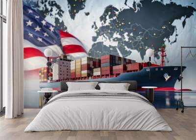 A large container ship sailing gracefully on the sea, with the iconic red, white, and blue American flag waving proudly in the background Wall mural