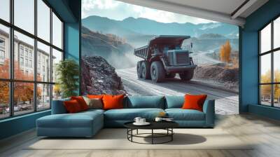 A large dump truck is moving a load of coal along a quarry road, creating a cloud of dust against a scenic mountainous backdrop Wall mural