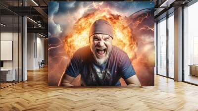 A man is screaming in front of a large explosion caused by a cyber attack on a computer network Wall mural