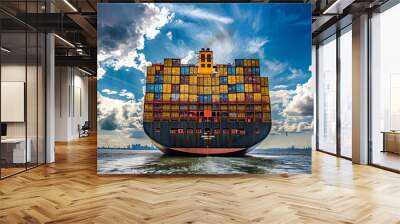 A massive cargo ship carrying numerous containers across the sea Wall mural