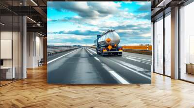 A massive tanker truck carrying petroleum products barrels down the highway, delivering fuel to meet industrial demands Wall mural