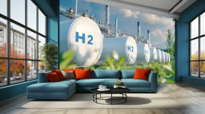 A modern hydrogen production facility showcases gleaming H2 tanks, surrounded by pipelines and greenery, all set against a blue sky with industrial elements Wall mural