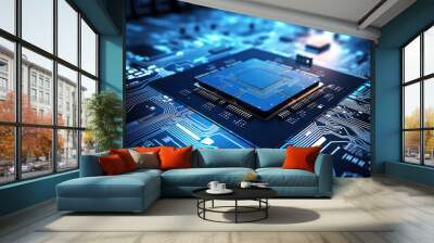 a powerful computer processor or chip on a motherboard. modern technologies. blue background. develo Wall mural