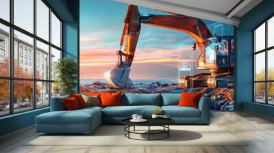 A powerful excavator is shown working in a rock field, surrounded by digital data visualizations Wall mural