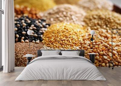 A set of various types of cereals and legumes. Concept of farming and grain expression. Close-up. Healthy eating. Wall mural