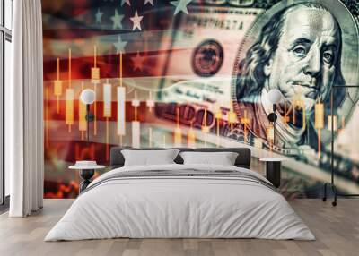 A single dollar bill stands proudly with an American flag waving in the background, symbolizing patriotism and national pride Wall mural