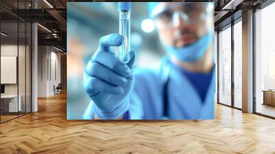 A skilled doctor in blue attire focuses on creating a unique liquid template, showcasing a test tube held elegantly in hand against a blurred backdrop Wall mural