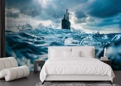 A submarine surfaces from the ocean, sunlight glinting off its wet hull as it breaks through the waves Wall mural