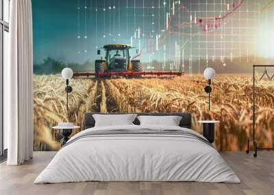 A tractor is harvesting wheat in a field while stock charts in the background reflect the economic impact on agricultural products Wall mural