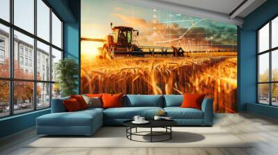 A tractor reaps wheat in a field while a graph of agricultural market trends looms in the background Wall mural