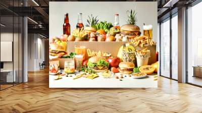 A vibrant display of fast food in a box, surrounded by fresh fruits and drinks, ready for a fun and tasty gathering Wall mural