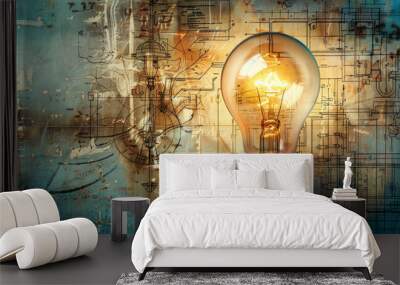 A vintage light bulb, glowing brightly, is centered against a background of technical drawings and vintage textures Wall mural