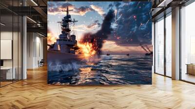 A warship sails through choppy water, its gun firing amidst a dazzling display of exploding projectiles Wall mural