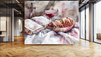 A watercolor painting depicting a Bible, bread, and a glass of wine. The scene evokes a sense of spirituality and contemplation Wall mural