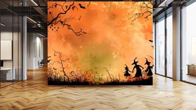 A whimsical Halloween-themed backdrop with playful silhouettes of witches, wizards, and goblins framed by eerie black trees Wall mural