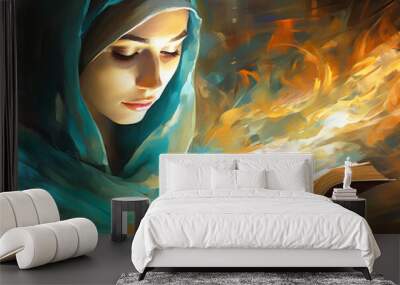 A woman in a mosque reads the holy book Koran. Faith. Muslim traditions. Wall mural