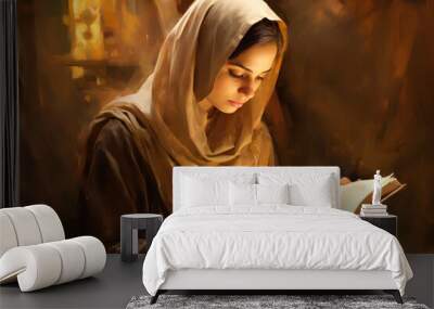 A woman in church reads the Bible. Easter. Resurrection of Jesus. Righteous prayer over the Bible. Wall mural