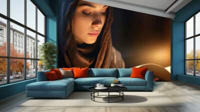 A woman reads the Koran and honors Halakha. True faith. Prayer to the true God. Wall mural