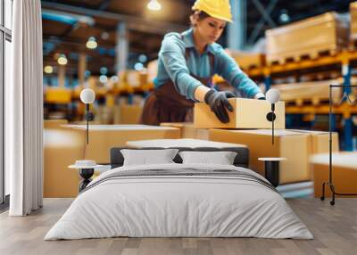 A woman wearing a hard hat and gloves is seen moving boxes in a warehouse setting Wall mural