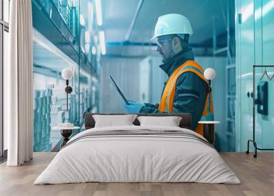 A worker in an industrial freezer facility checks inventory on a tablet, surrounded by shelves of frozen food Wall mural