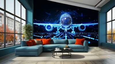 An airplane soars through a mesmerizing network of glowing lights, painting the night sky with a sense of wonder and enchantment Wall mural