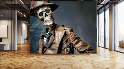 An enchanting skeleton dressed in a brown leather suit and top hat stands confidently, evoking a mysterious Halloween spirit amidst a dark background Wall mural