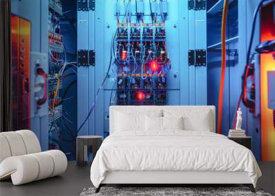 An expansive view reveals a sleek control cabinet filled with glowing electrical connections and colorful wiring in a modern setup Wall mural