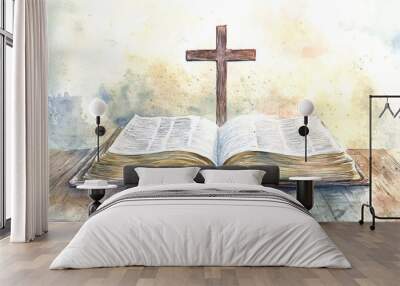 An open Bible with a wooden cross sits gracefully on a rustic table, evoking tranquility and faith with soothing watercolor hues Wall mural