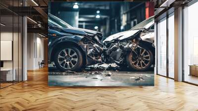 Car accident of two cars, collision of cars. Two cars are damaged after a head-on collision, a car accident. Car accident on the street, damaged cars after collision. Violation of traffic rules. Wall mural