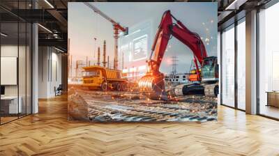 Construction site with equipment like an excavator, dump truck, and cranes. Holographic displays show progress and safety data, displaying advanced technology Wall mural