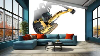 Crawler excavator with a large bucket on a white isolated background. Powerful excavator with an elongated bucket close-up, top view. Element for design. Rental of construction equipment. Wall mural