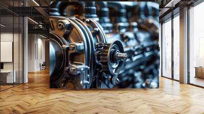 Detailed close-up of a modern engine being manufactured at a high-tech factory, showcasing intricate design and elements Wall mural