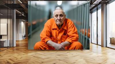 Elderly criminal in orange uniform sits on prison bed and thinks about freedom. Prisoner serves imprisonment term in jail cell. Guilty inmate in detention center or correctional facility. Wall mural