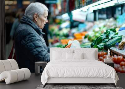 Elderly woman carefully selects fresh vegetables at a grocery store while wearing casual attire and enjoying a vibrant shopping experience Wall mural