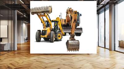 Excavator and bulldozer loader close-up on a white isolated background.Construction equipment for earthworks. element for design. Rent of modern construction equipment. Wall mural