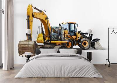 Excavator and bulldozer loader close-up on a white isolated background.Construction equipment for earthworks. element for design. Wall mural