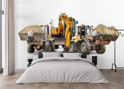 Excavator and two bulldozer loader close-up on a white isolated background.Construction equipment for earthworks. element for design. Rental of construction equipment. Wall mural